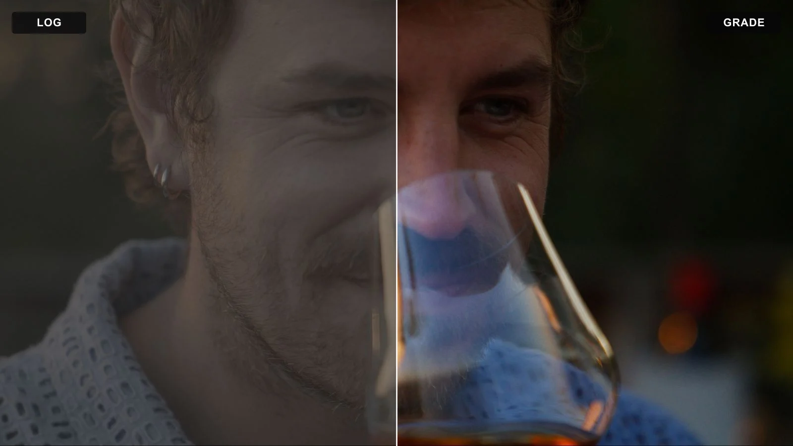 Vorher und nachher: das Log-Rohmaterial links, das gegradete Bild rechts – derselbe Frame