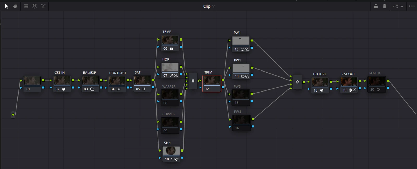 Node-Baum in Resolve: Color Space Transform am Eingang, Balance, Kontrast, Sättigung, parallele Nodes für Temperatur, HDR und Haut, Power Windows, Textur, Color Space Transform am Ausgang