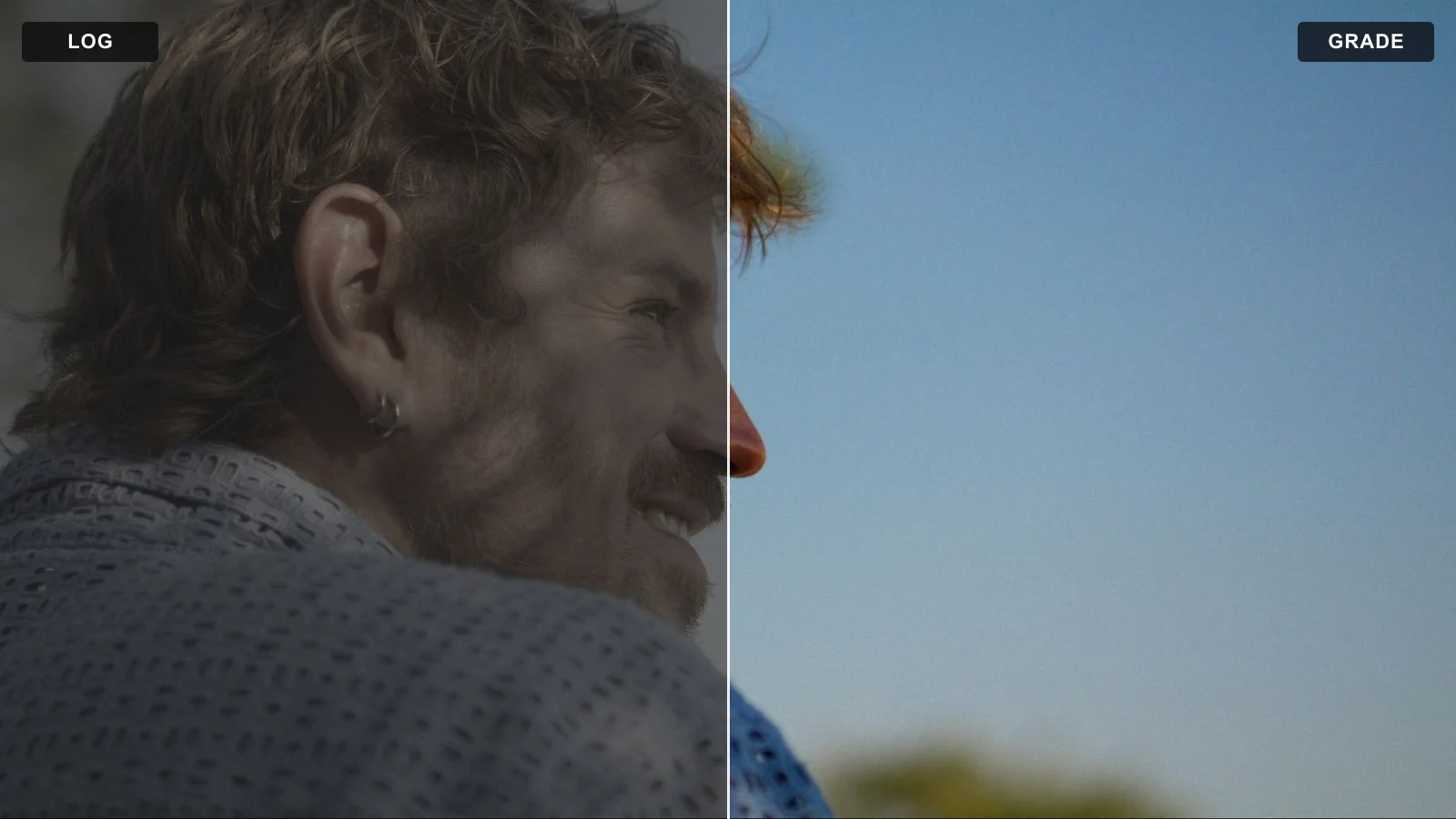 Vorher und nachher: Profil eines Mannes im Abendlicht, links das flache Log-Bild, rechts mit tiefblauem Himmel und goldenem Streiflicht