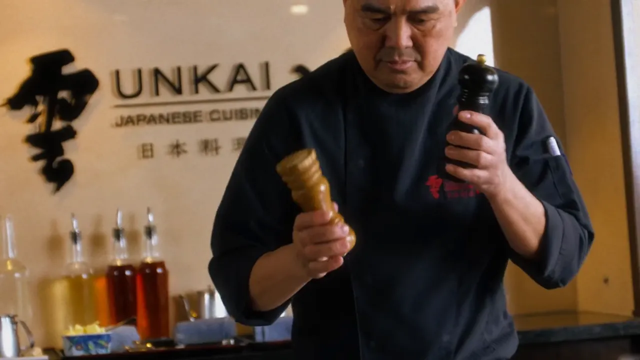 Teppanyaki-Koch würzt vor dem Unkai-Schriftzug